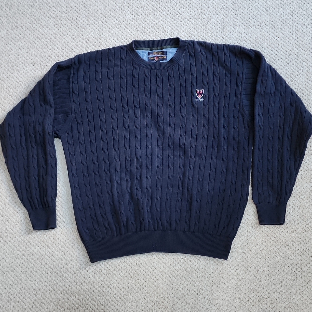 Tommy Hilfiger Dark Blue Cotton Cable Crewneck Sweater Sz Lg